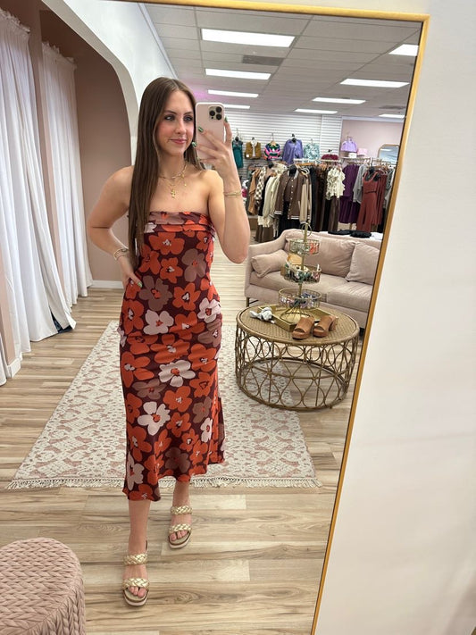 Satin Terra Cotta Floral Midi Slip Dress