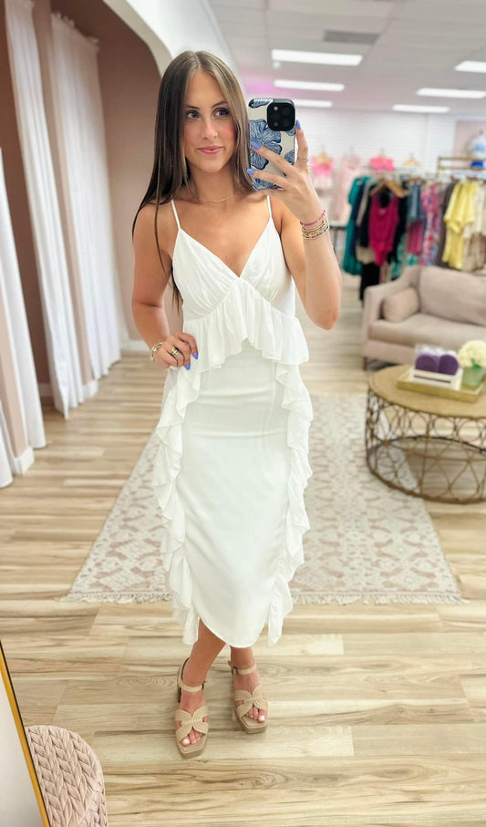 White Ruffle Detail Maxi Dress