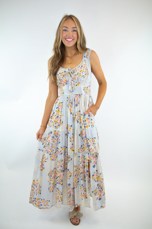 Blue Lace Trim Tiered Maxi Dress