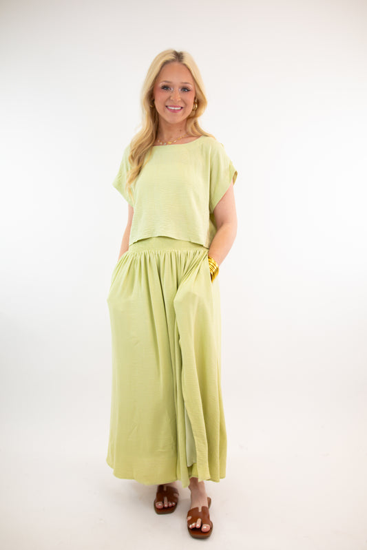 Pistachio Top & Pleated Tie Skirt Set
