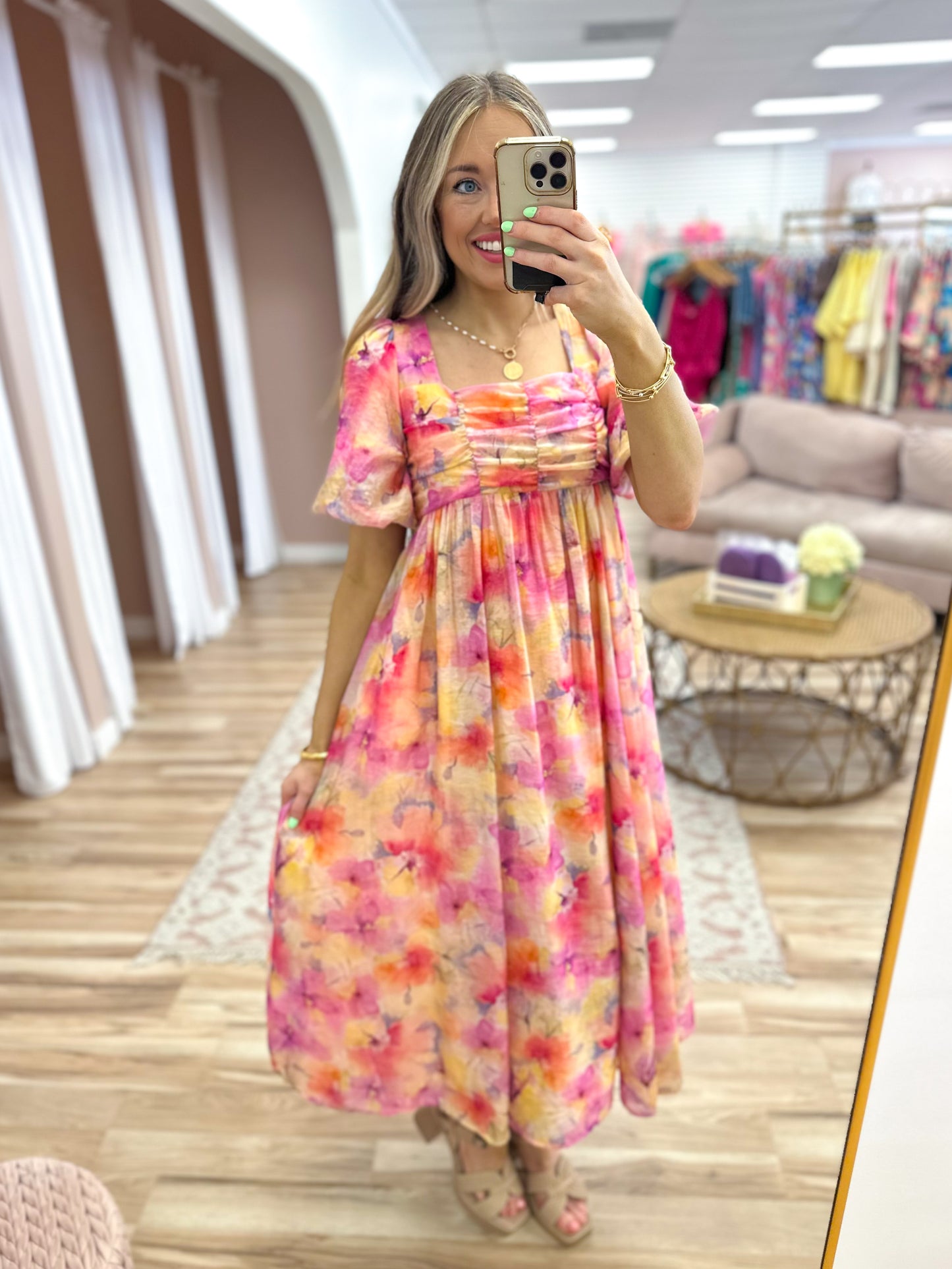 Floral Watercolor Puff Sleeve Midi Dress