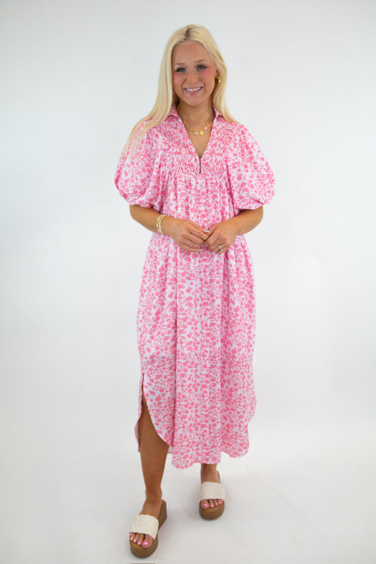 Pink Floral Smocked Maxi Dress