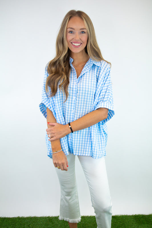 Blue Button Down Oversized Gingham Top