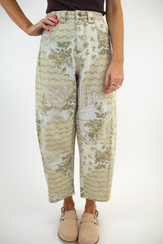 Multi Print Vintage Wash Barrel Jeans