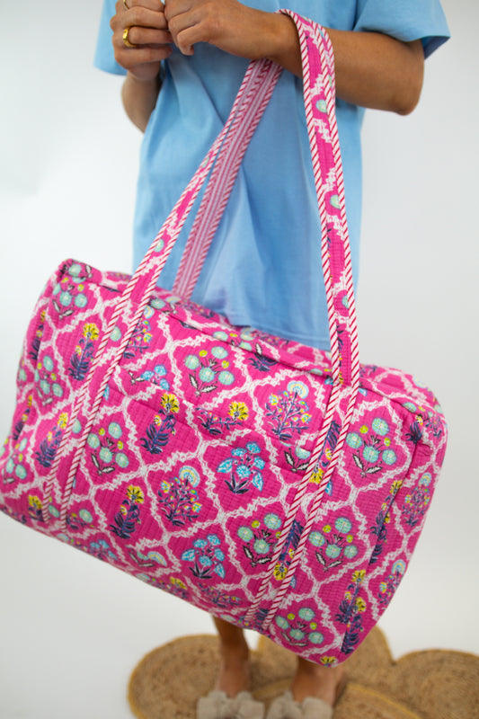 Pink Floral Quilted Duffle Bag