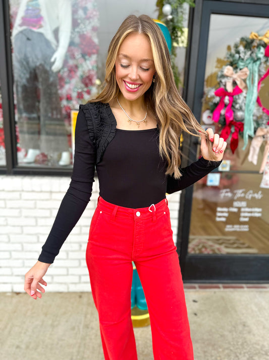 Black Ruffle Sleeve Long Sleeve Top