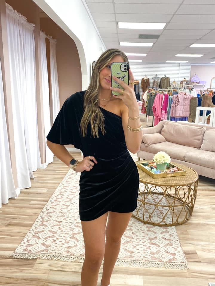 Black One Shoulder Wrap Dress