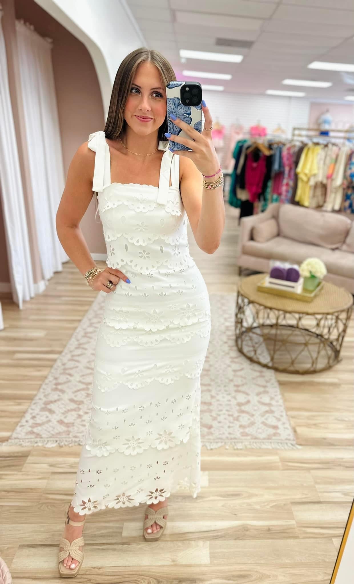 Tiered Scallop White Maxi Dress