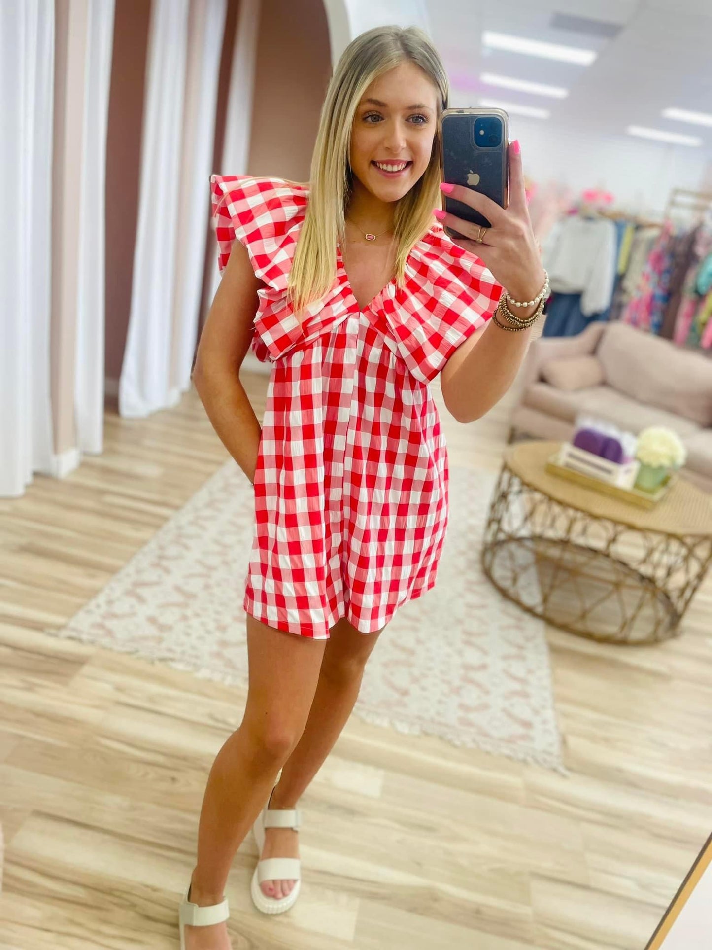 Red Gingham Puff Sleeve Romper