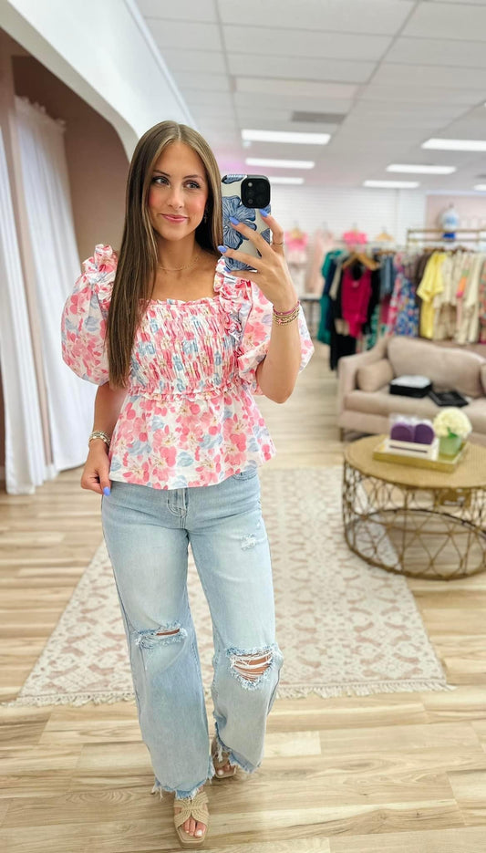 Pink Smocked Floral Puff Sleeve Top