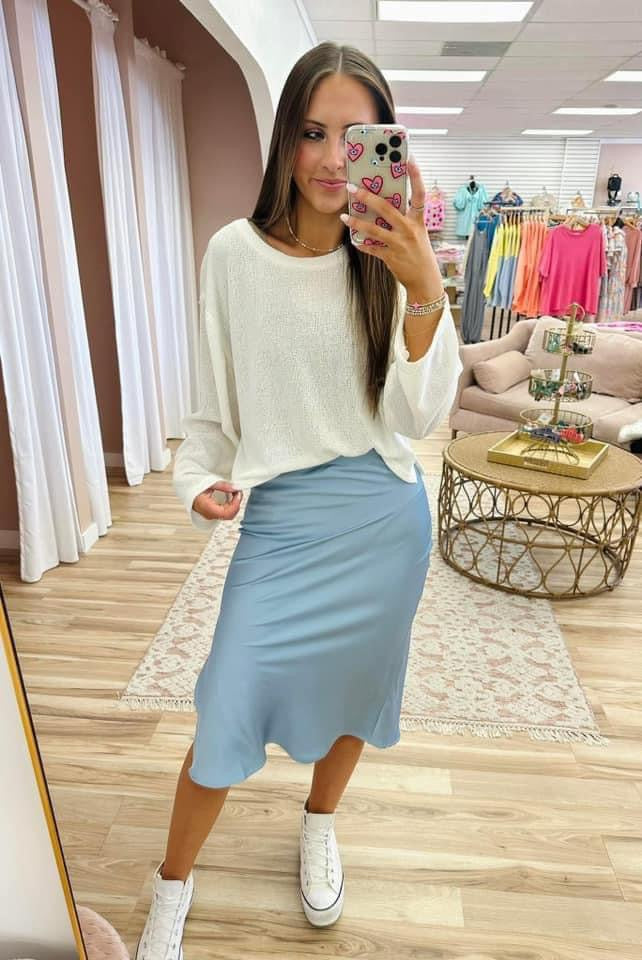 Side Slit Satin Skirt - Dusty Blue