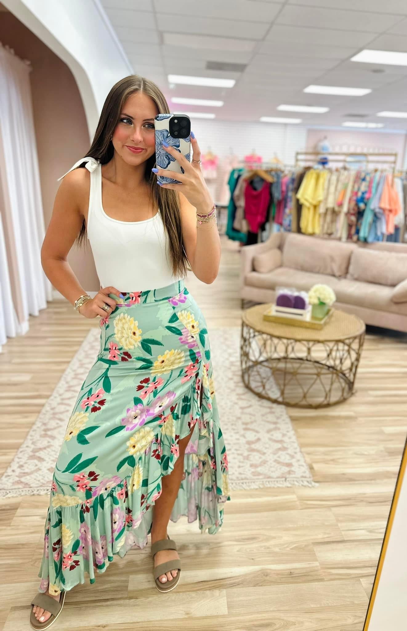 Mint Floral Tiered Skirt