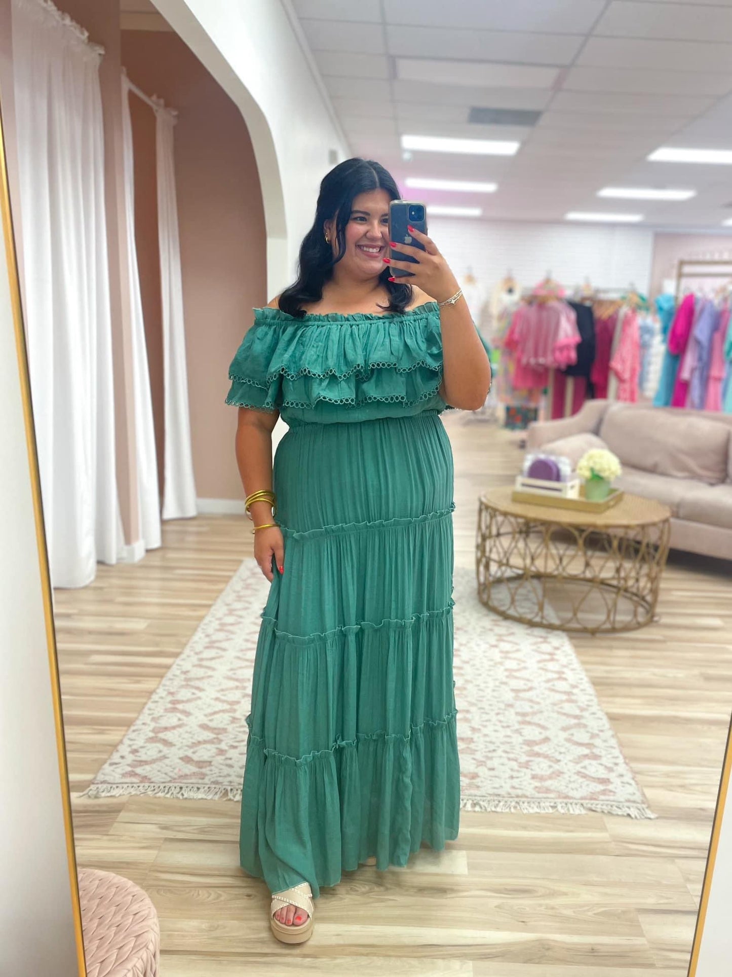 Emerald Layered Off Shoulder Maxi Dress - Curvy