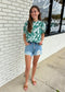 Green Flower Puff Sleeve Top