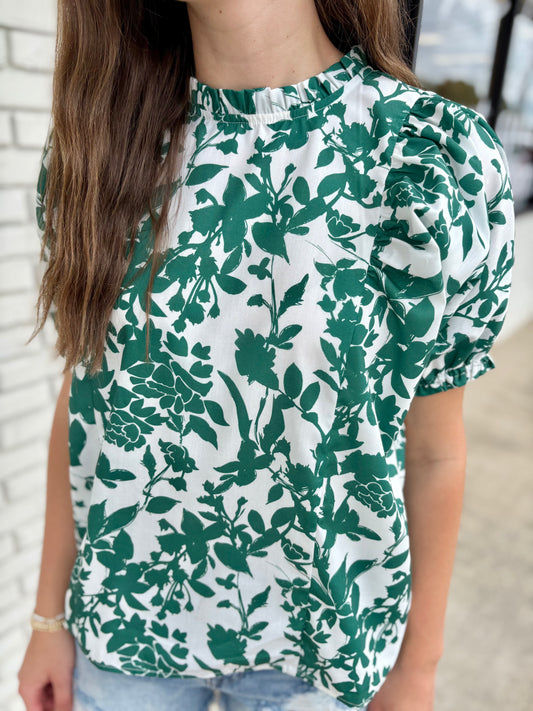 Green Flower Puff Sleeve Top