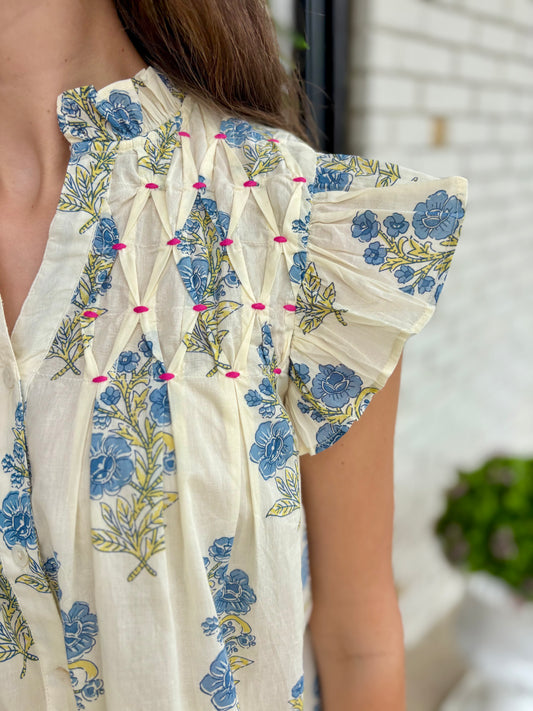Cream Flutter Sleeve Floral Top