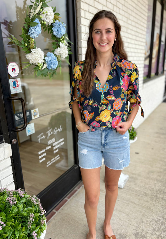 Navy Short Sleeve Floral Top