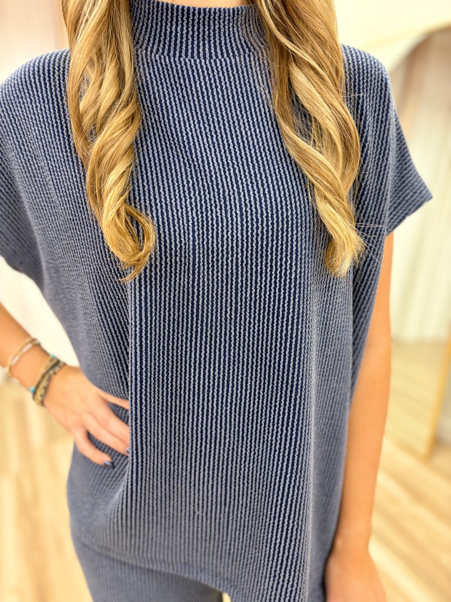 Navy Ribbed Short Sleeve Set