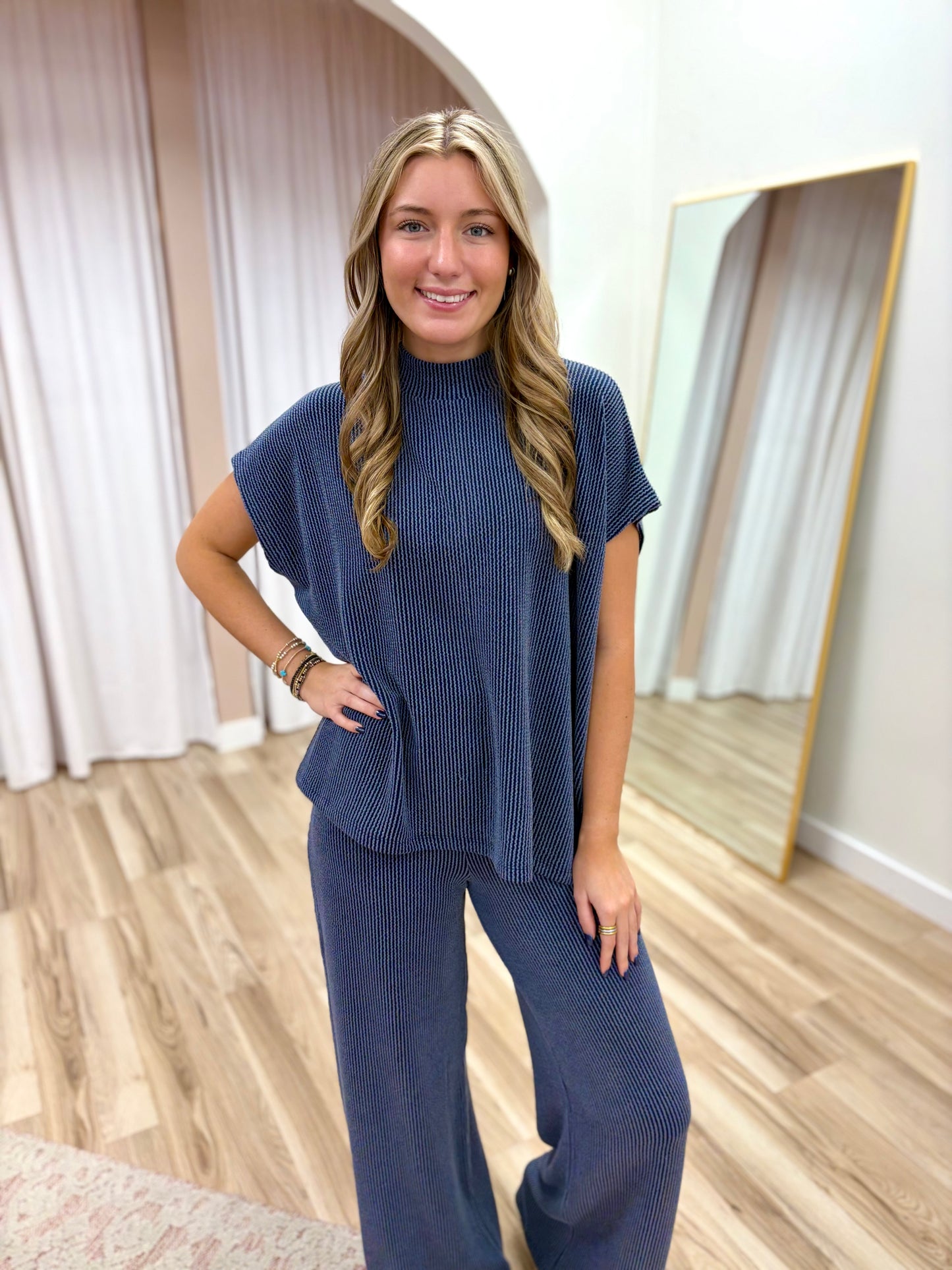 Navy Ribbed Short Sleeve Set