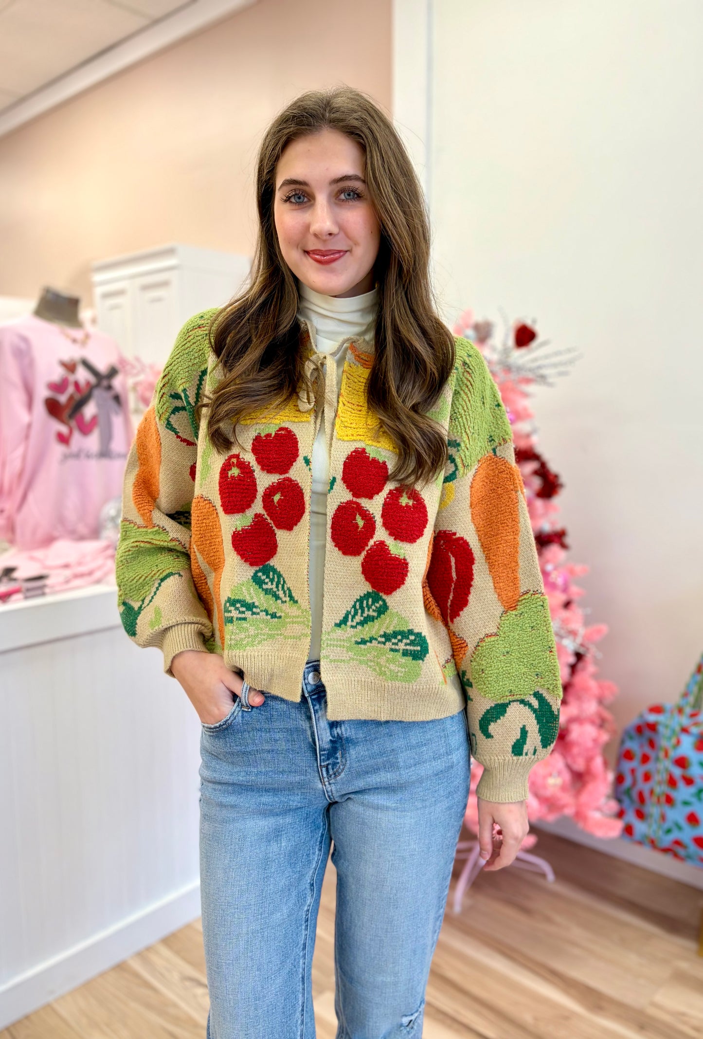 Pattern Neck Tie Knit Sweater