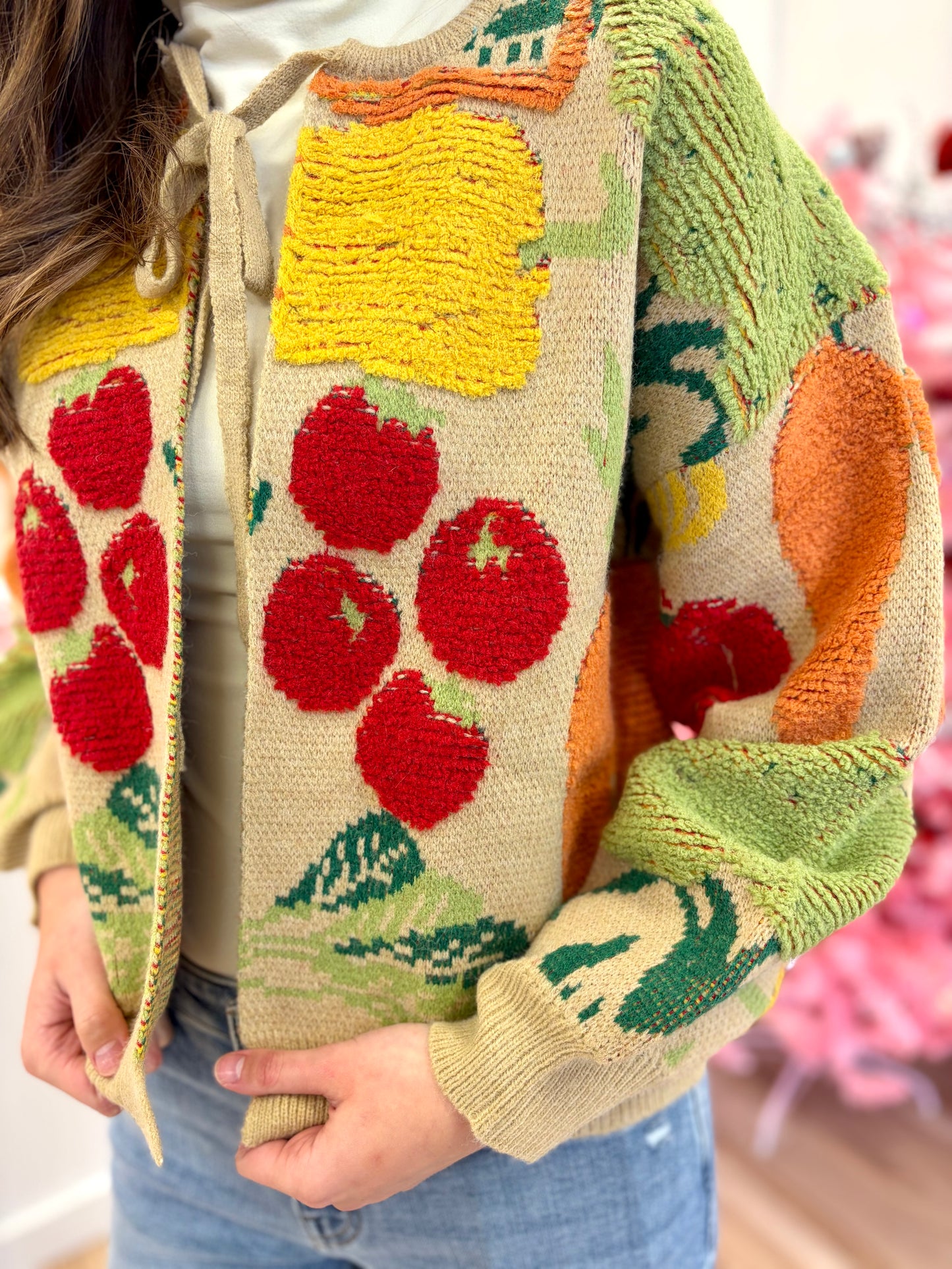 Pattern Neck Tie Knit Sweater