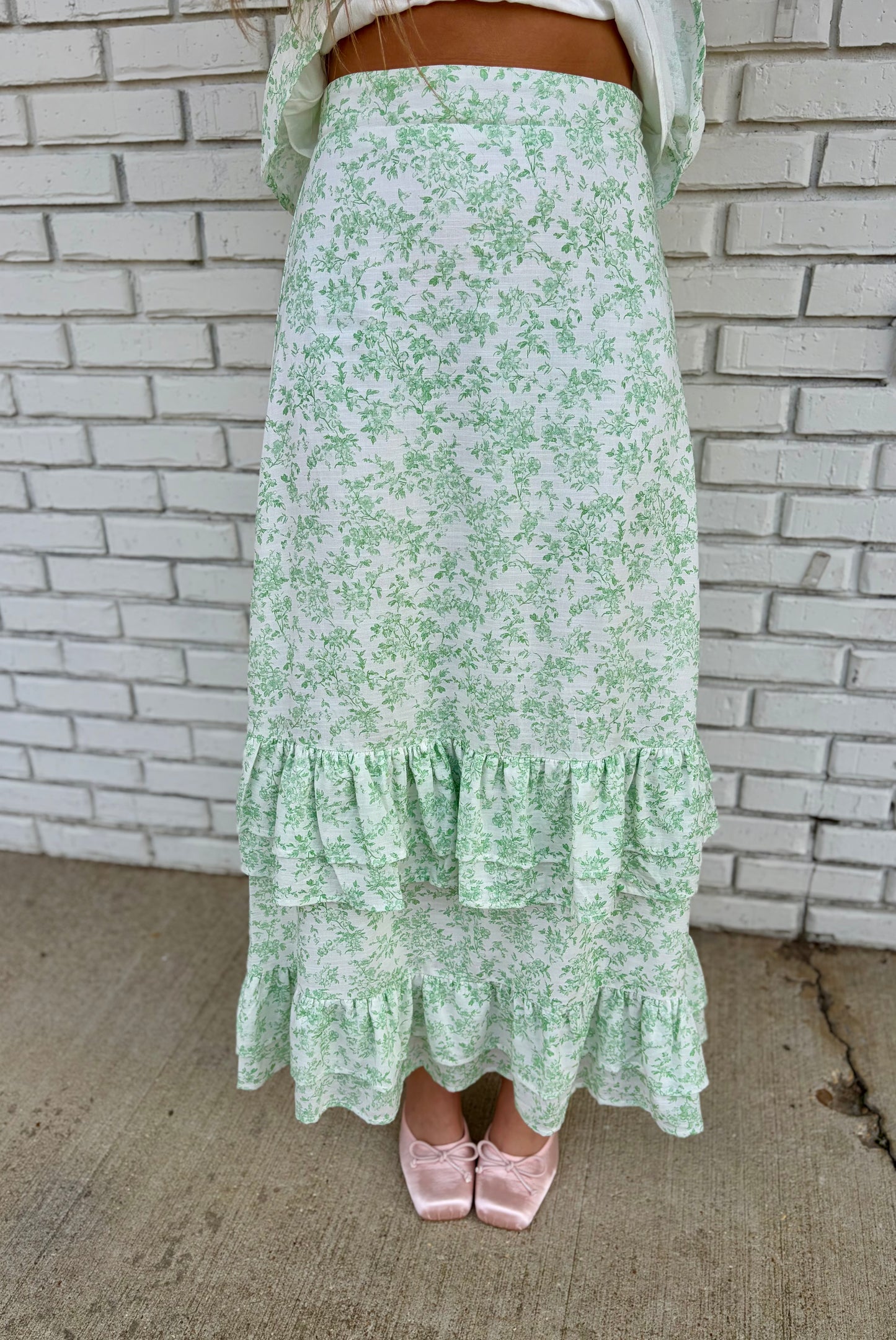 Green Floral Tiered Maxi Skirt