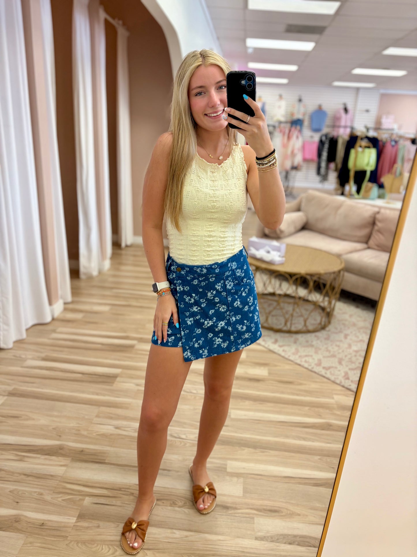 Floral Crinkle Tank - Butter Cream