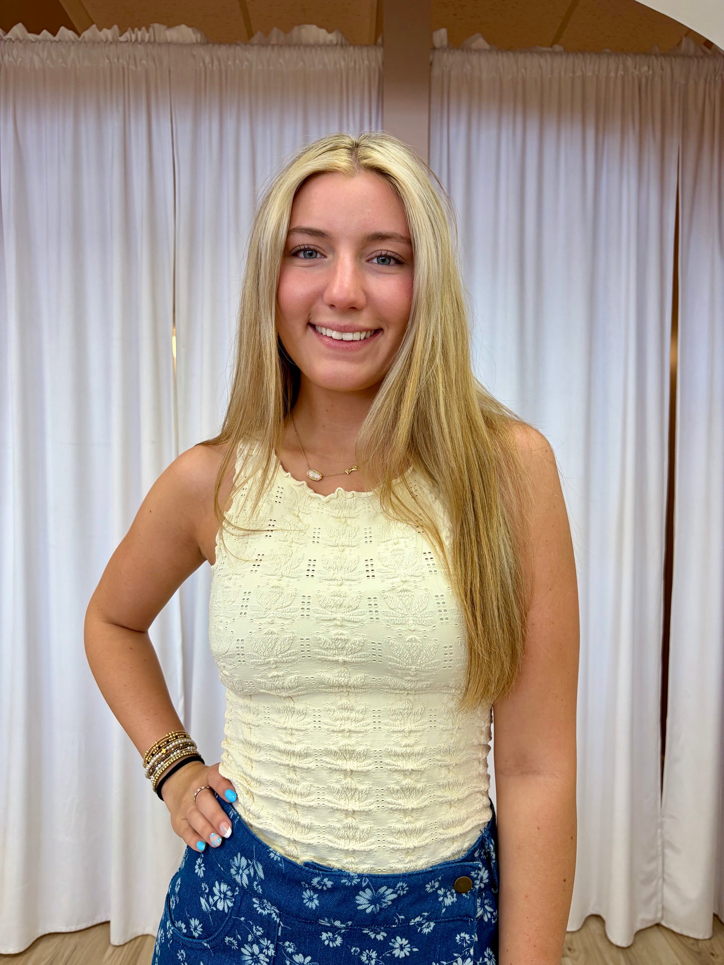 Floral Crinkle Tank - Butter Cream