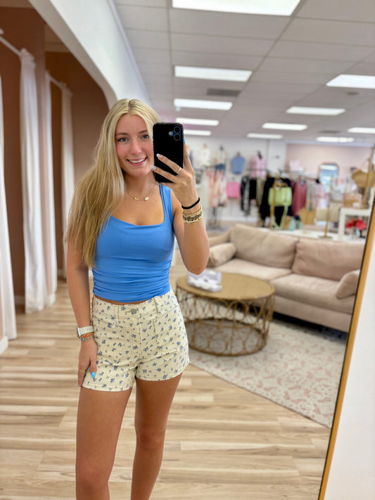 Cream Spring Floral Print Shorts