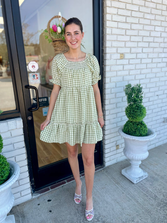 Gingham Smocked Green Mini Dress