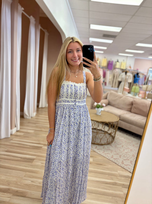 Floral Sleeveless French Blue Maxi Dress