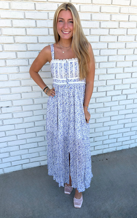 Floral Sleeveless French Blue Maxi Dress