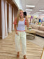 Cream Drawstring Utility Jeans | Wide Leg Patch Pocket Denim