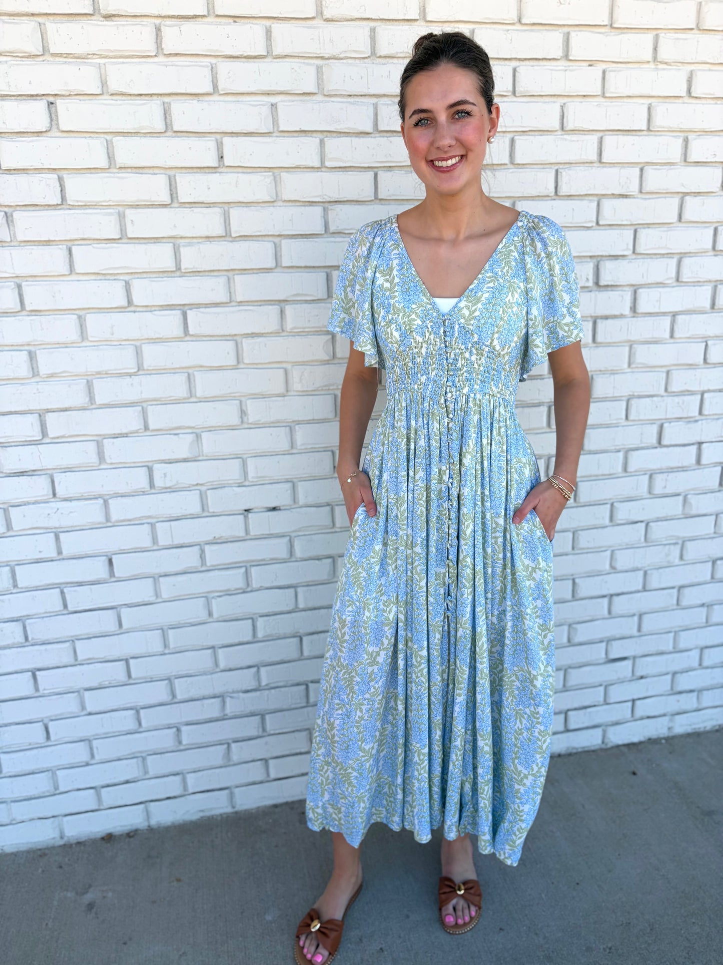 Smocked Waist Blue Floral Maxi