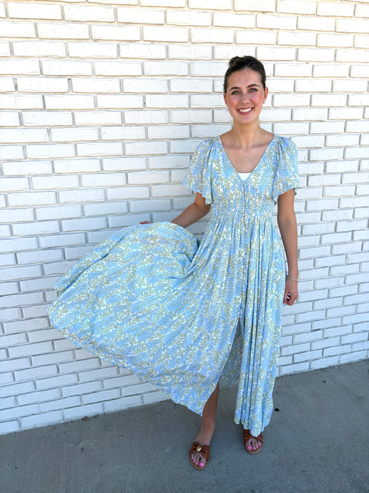 Smocked Waist Blue Floral Maxi