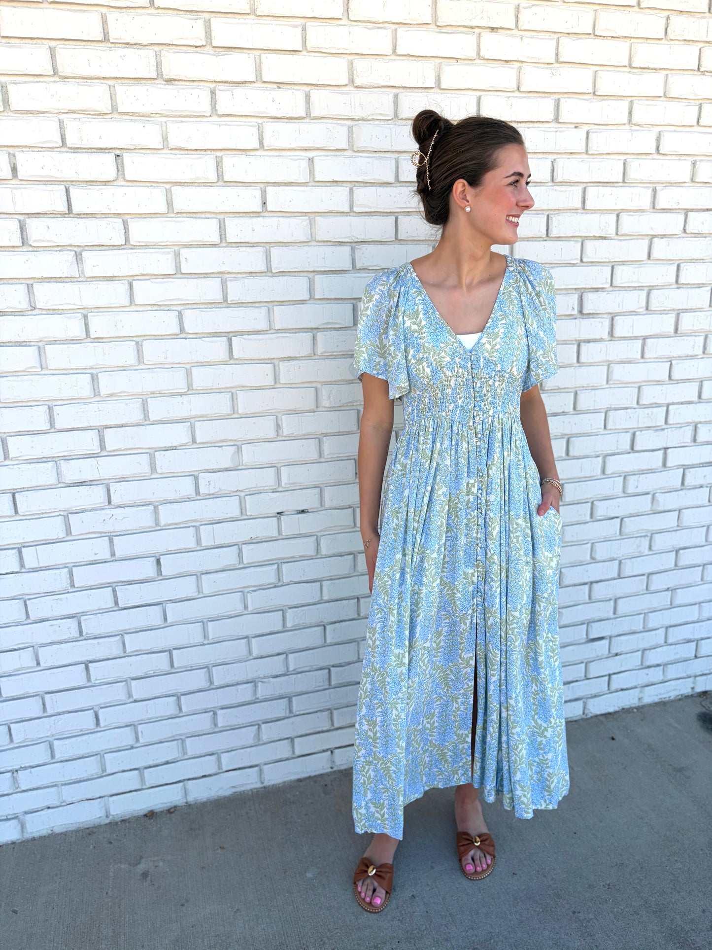 Smocked Waist Blue Floral Maxi