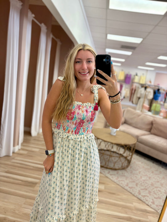 Off White Floral Smocked Dress