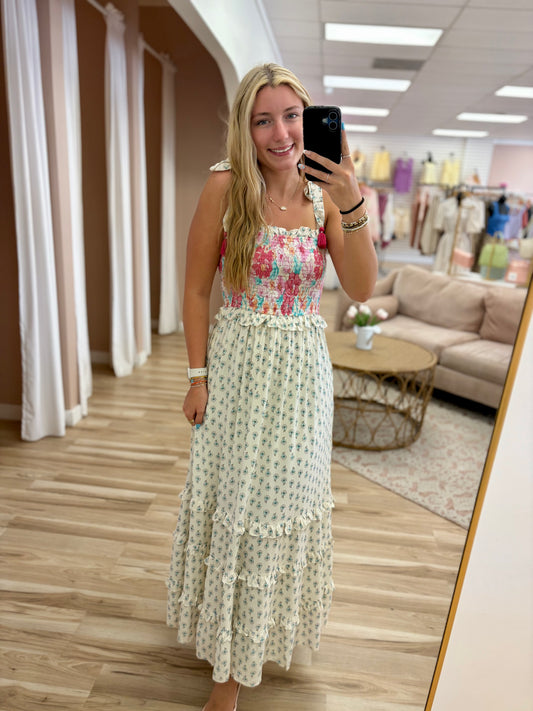 Off White Floral Smocked Dress