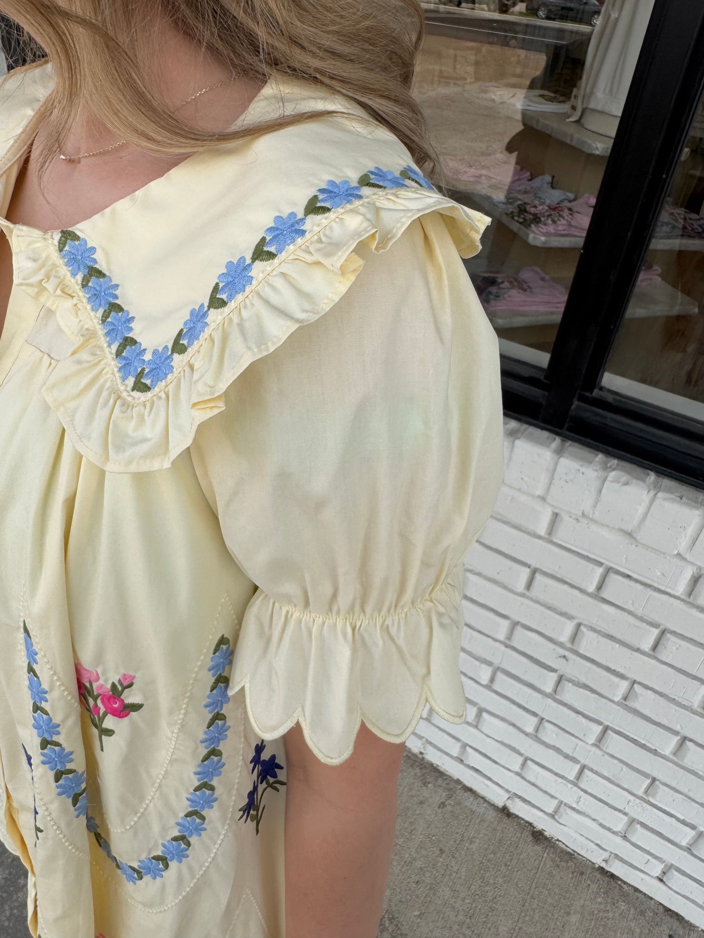Yellow Floral Embroidered Scallop Dress