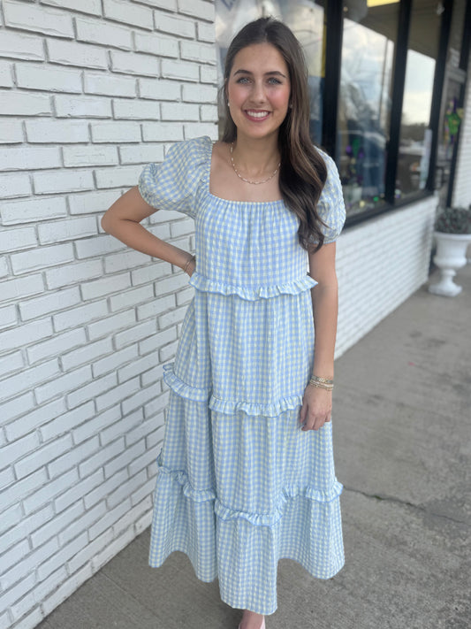 Baby Blue Gingham Puff Sleeve Dress