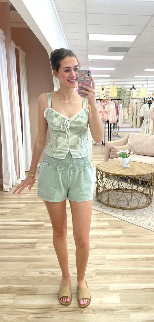 Sage Gingham Tie Front Frilly Tank