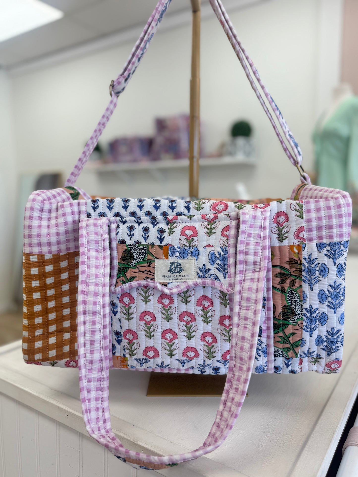 Gingham Floral Print Duffle Bag