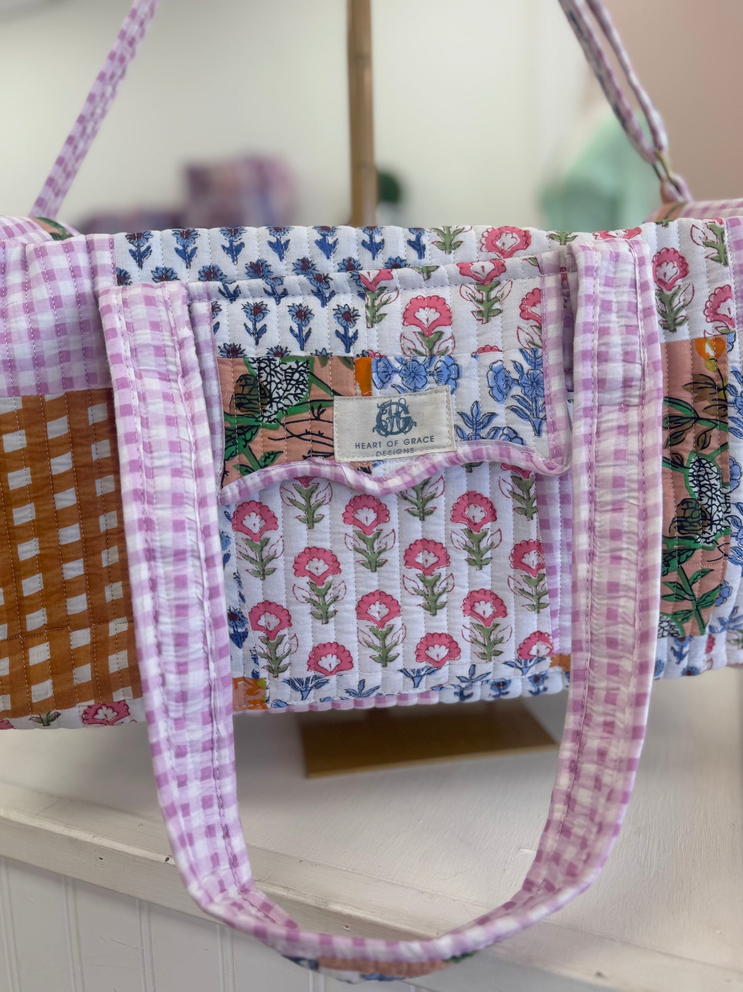Gingham Floral Print Duffle Bag