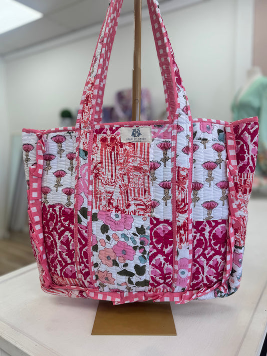Pink Floral Quilted Tote Bag