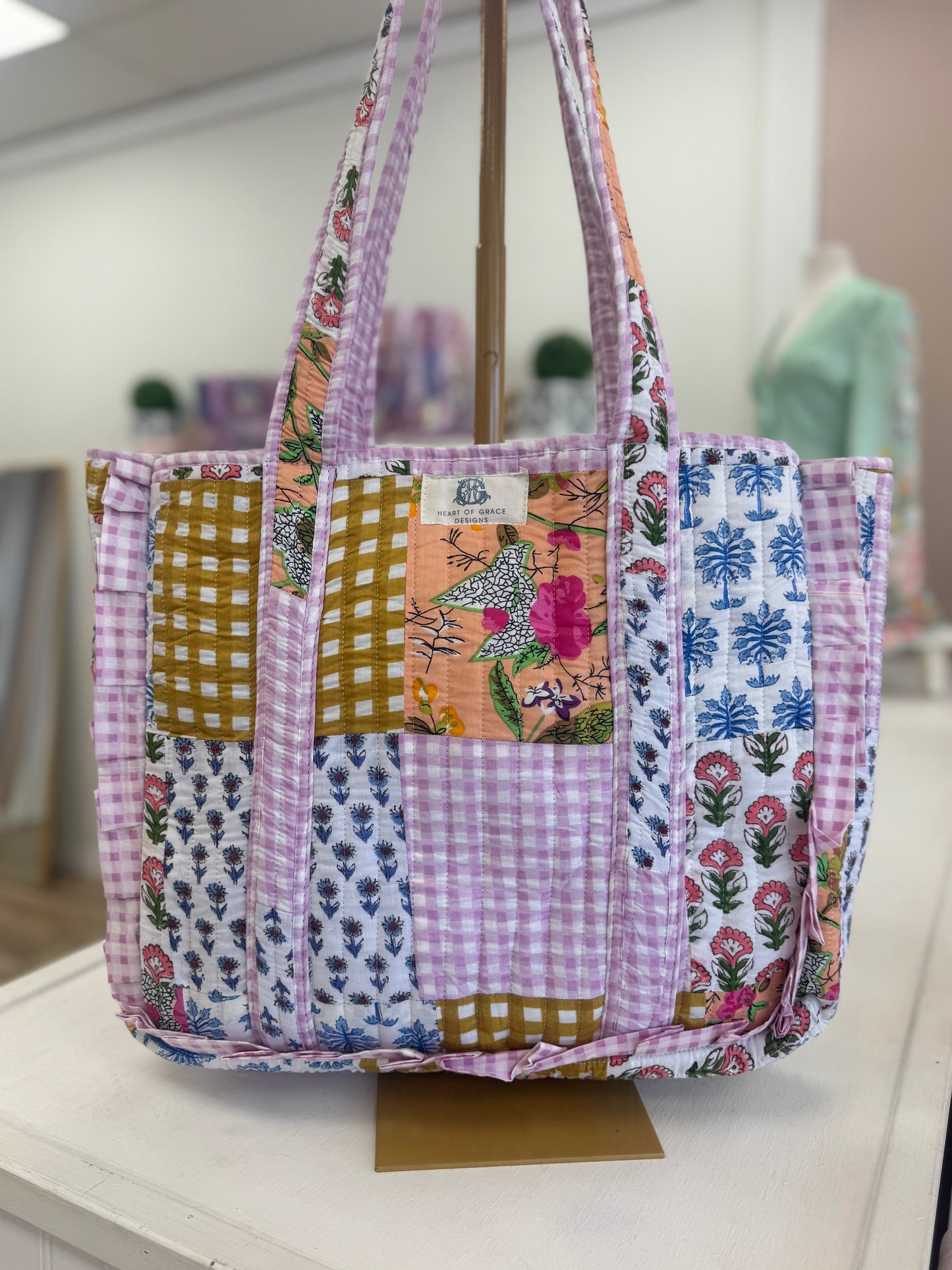 Gingham Floral Print Tote Bag