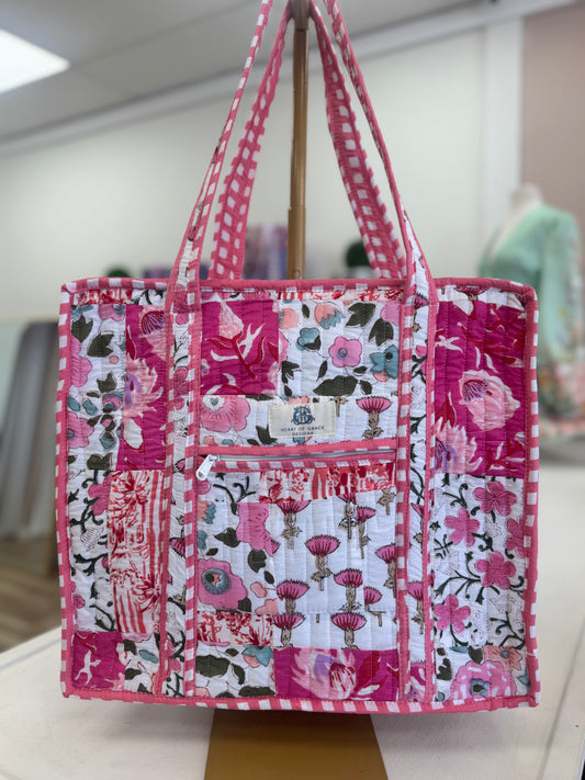Pink Floral Quilted Zipper Tote Bag