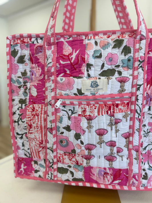Pink Floral Quilted Zipper Tote Bag
