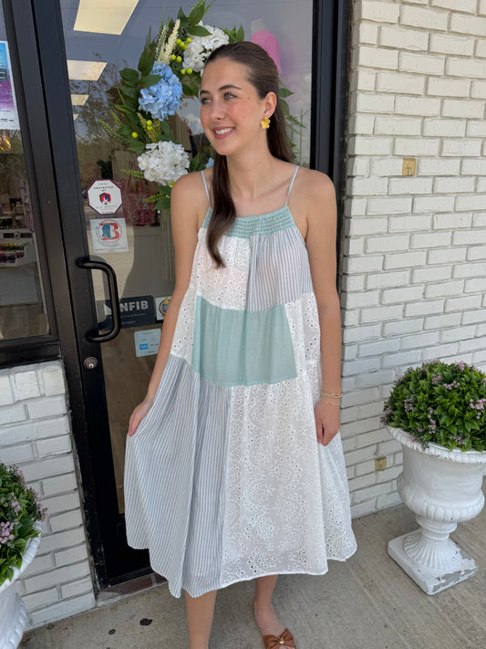 Patchwork Eyelet Midi Dress