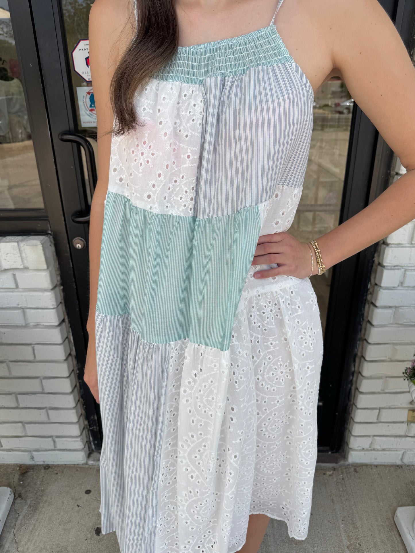 Patchwork Eyelet Midi Dress