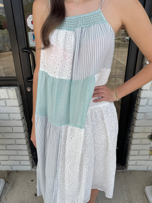 Patchwork Eyelet Midi Dress